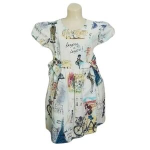 Little Loaves & Fishes Girl 5 Parisian Sketch Dress Eiffel Tower Print Tie Waist